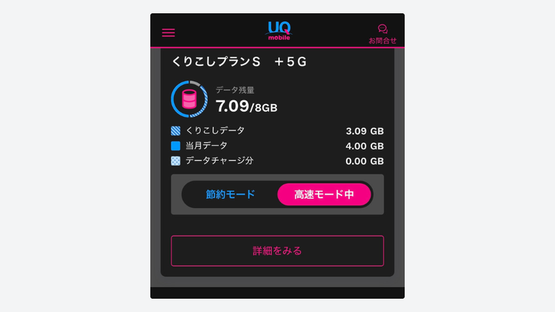 uqモバイルアプリのデータ使用料画面のスクリーンショット。