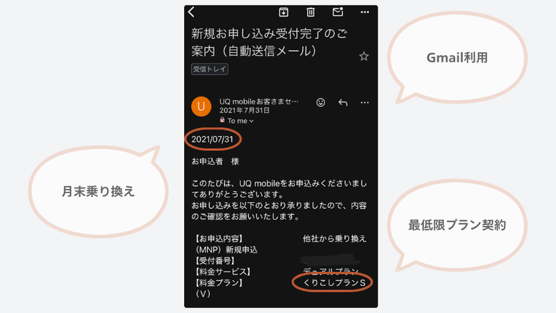 uqモバイルの、新規申し込み受付完了案内のメールのスクリーンショット。